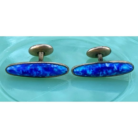 Antique Gold Filled Cufflinks Blue white Lapis style Glass - Picture 9 of 9